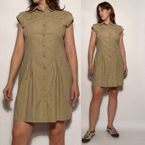 Vintage Y2K Khaki Cap Sleeve Drop Waist Dress -- Medium